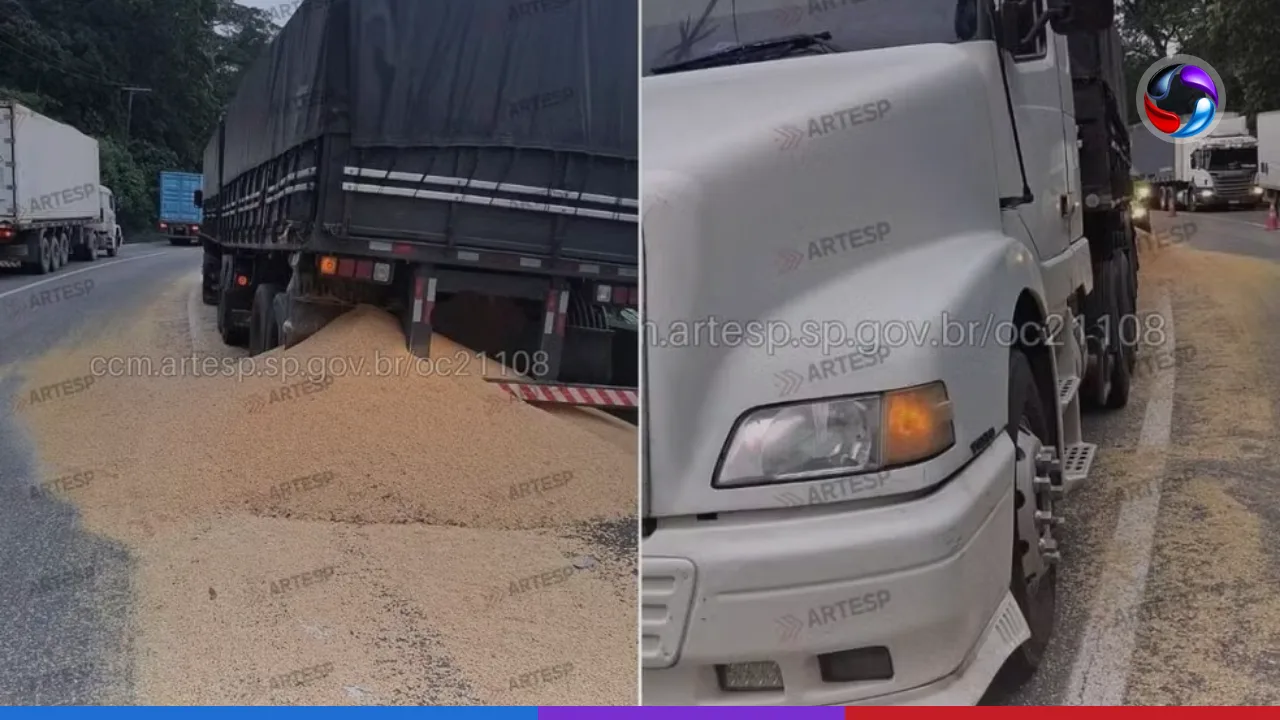 Caminhão bate em carreta e espalha carga de soja na Anchieta, em Cubatão.