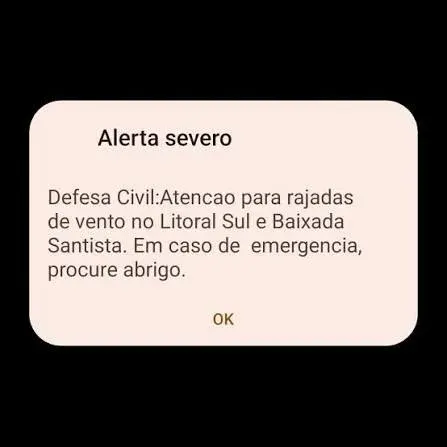 Defesa Civil emite alerta severo para ventos fortes na Baixada Santista e Litoral Sul.
