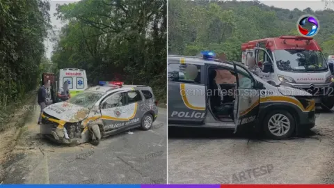 Policiais Rodoviários ficam feridos após viatura bater em barranco em Santos.